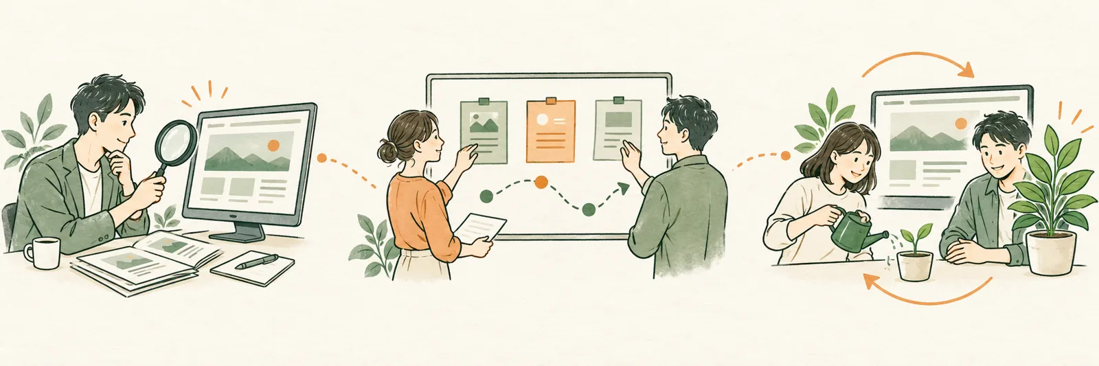 サイトを調べる、優先順位を相談する、一緒に改善して育てる3段階のイラスト