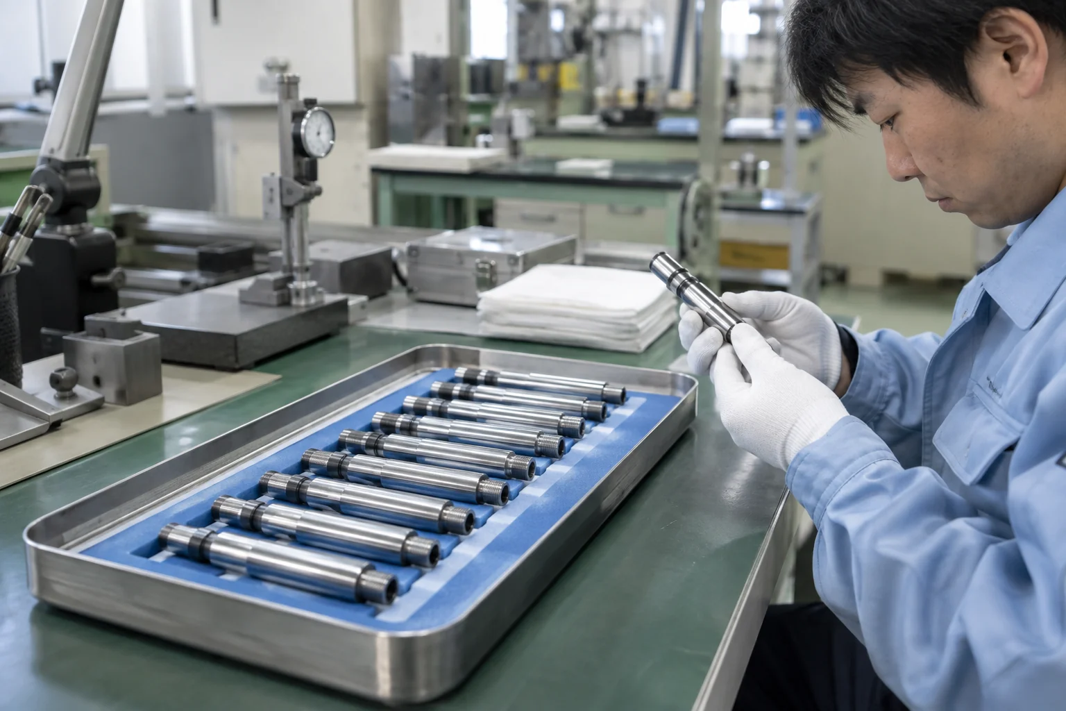 量産部品のトレーと検査担当者