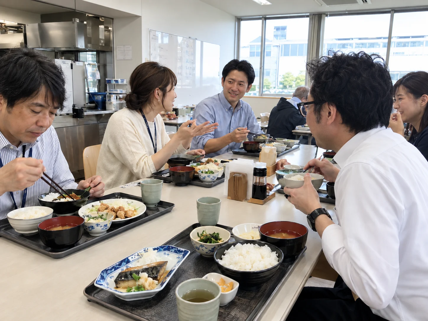 食堂で昼食を囲む社員のイメージ