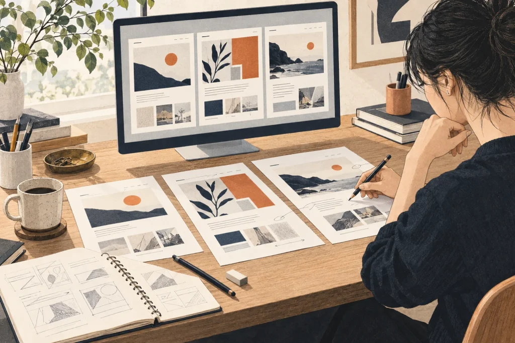 複数のWebデザイン案を見比べ、手元の紙に修正を描き込む制作者のイラスト